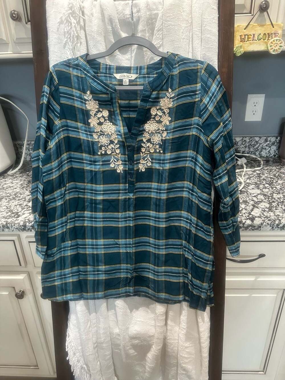 The Pioneer Woman Plaid Embroidered V-Neck Tunic Top Blue Size S